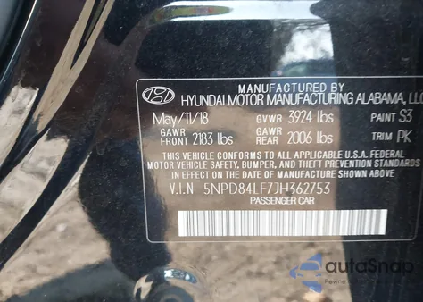 2018 Hyundai Elantra Sel z USA, uszkodzony, nr VIN 5NPD84LF7JH362753